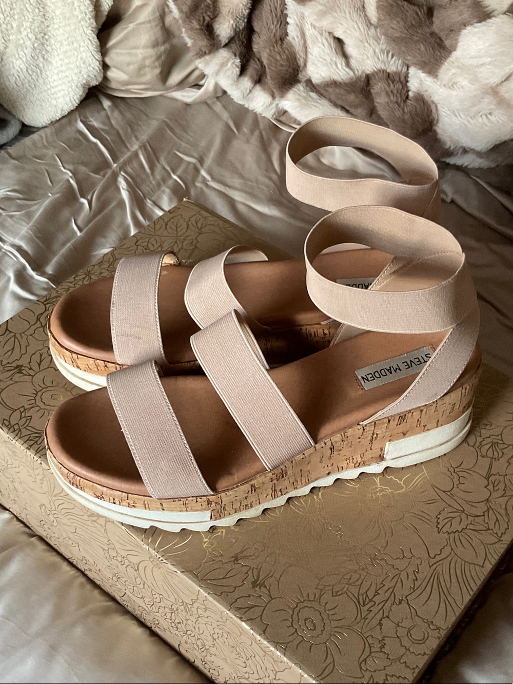 Steve Madden Blush Elastic Cork Platform Sandals with Wrap Straps